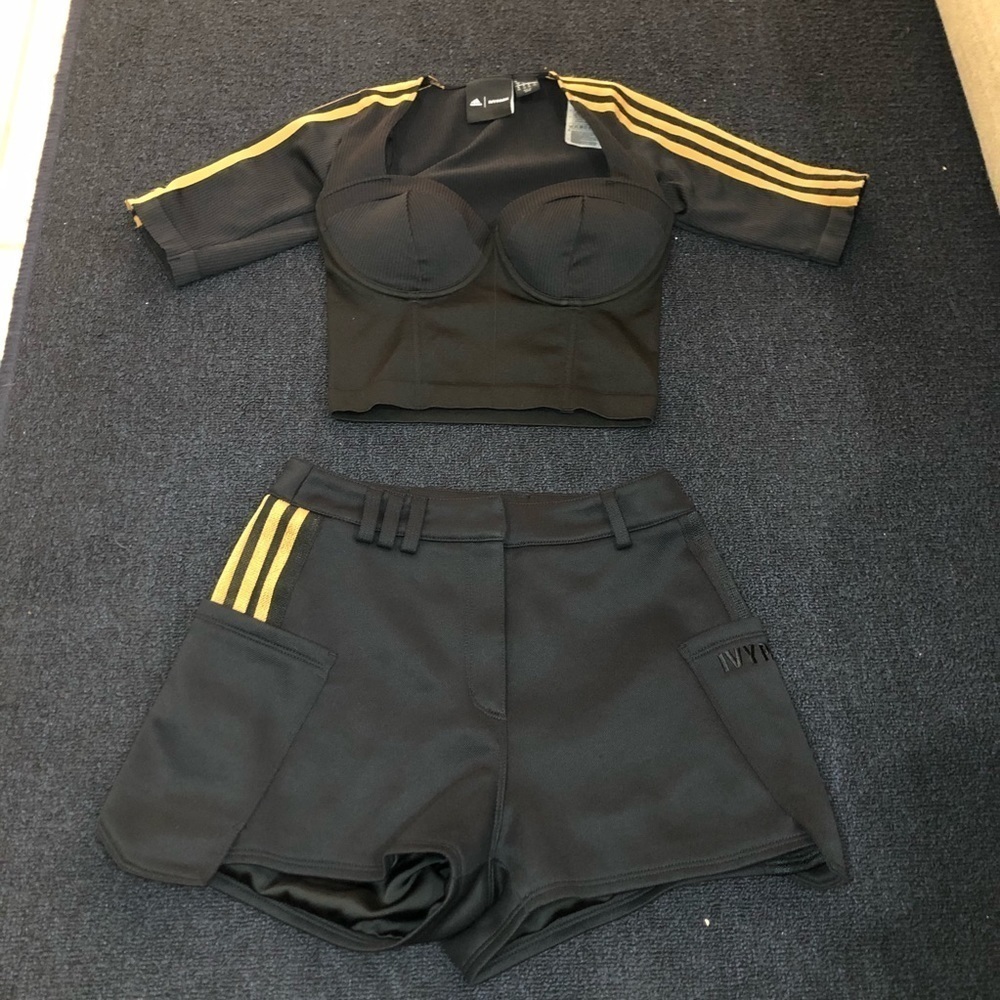 Adidas X Beyonce Ivy Park Black & Yellow Stripe Knit Crop Top & Short Size Small